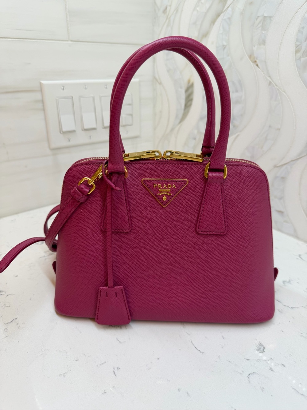 Prada Magenta Saffiano Mini Pyramid Bag with Gold Hardware. Excellent pre-loved. - Picture 7 of 15